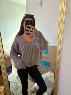 SHEIN Gray Ribbed V-Neck Chunky Knit Sweater